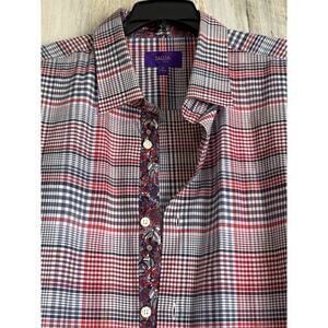 Tallia Button Up Shirt Flip Cuffs Mens XL 17 1/2 Blue/Red Plaid Long Sleeve3174
